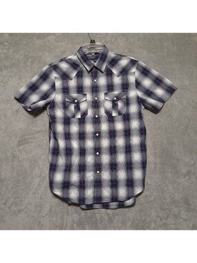 American Eagle Large Plaid Pearl Snap Vintage Fit Short Sleeve Shirt Gray Purple